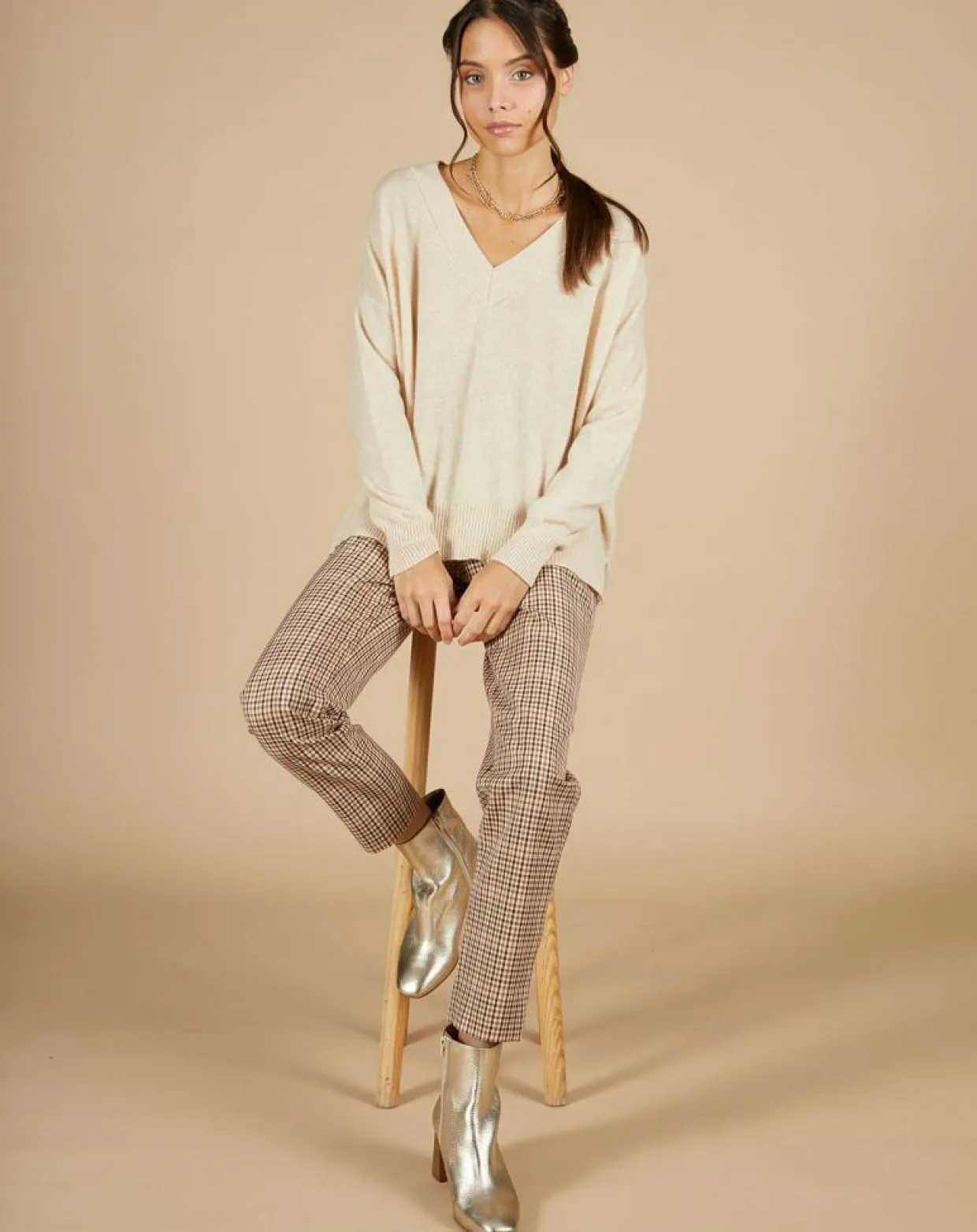 Pull 100% Cachemire Iris Col V profond oversize blé-Cashmere Tribu Best