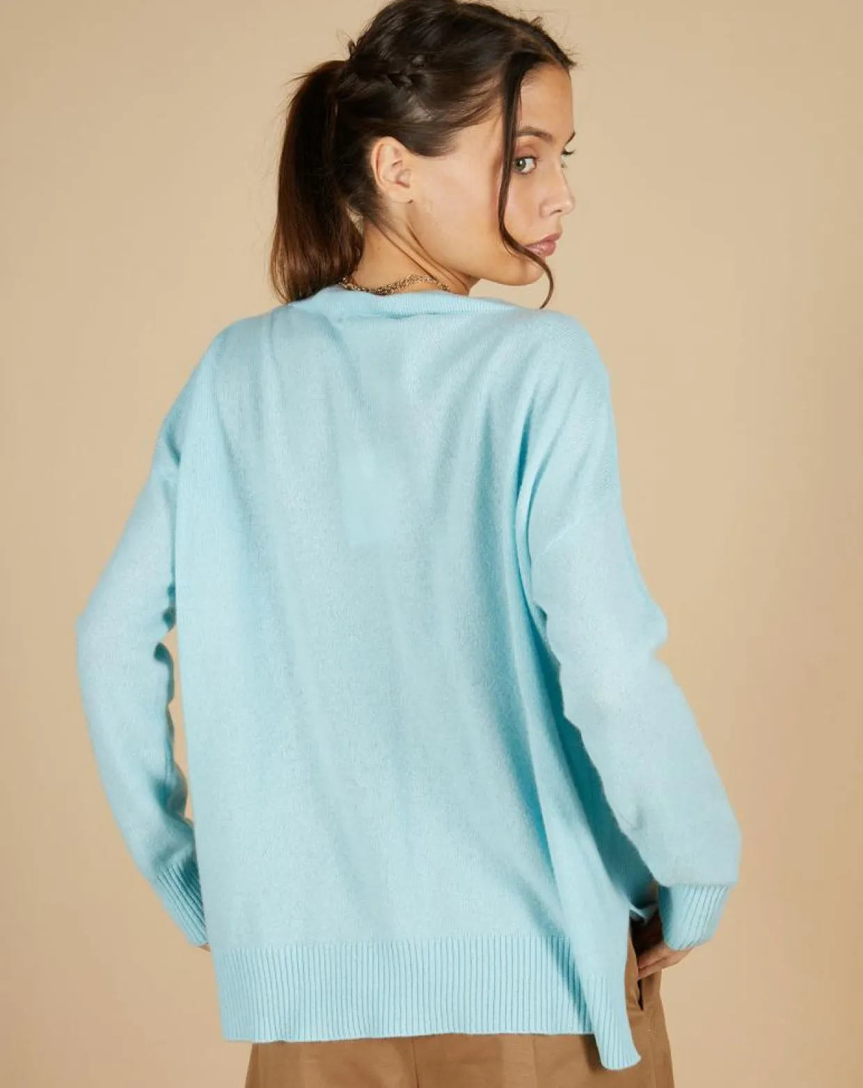 Pull 100% Cachemire Iris Col V profond oversize océan-Cashmere Tribu Outlet