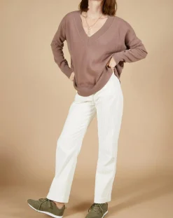 Pull 100% Cachemire Iris Col V profond oversize taupe-Cashmere Tribu Outlet