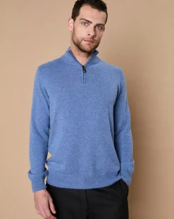 Homme Oscar et Louise Pulls^Pull 100% Cachemire John col camionneur bleu denim/gris