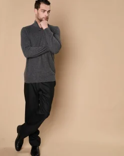 Homme Oscar et Louise Pulls^Pull 100% Cachemire John col camionneur gris anthracite/marine