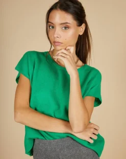 Pull 100% Cachemire Laurène manches courtes émeraude-Cashmere Tribu Hot