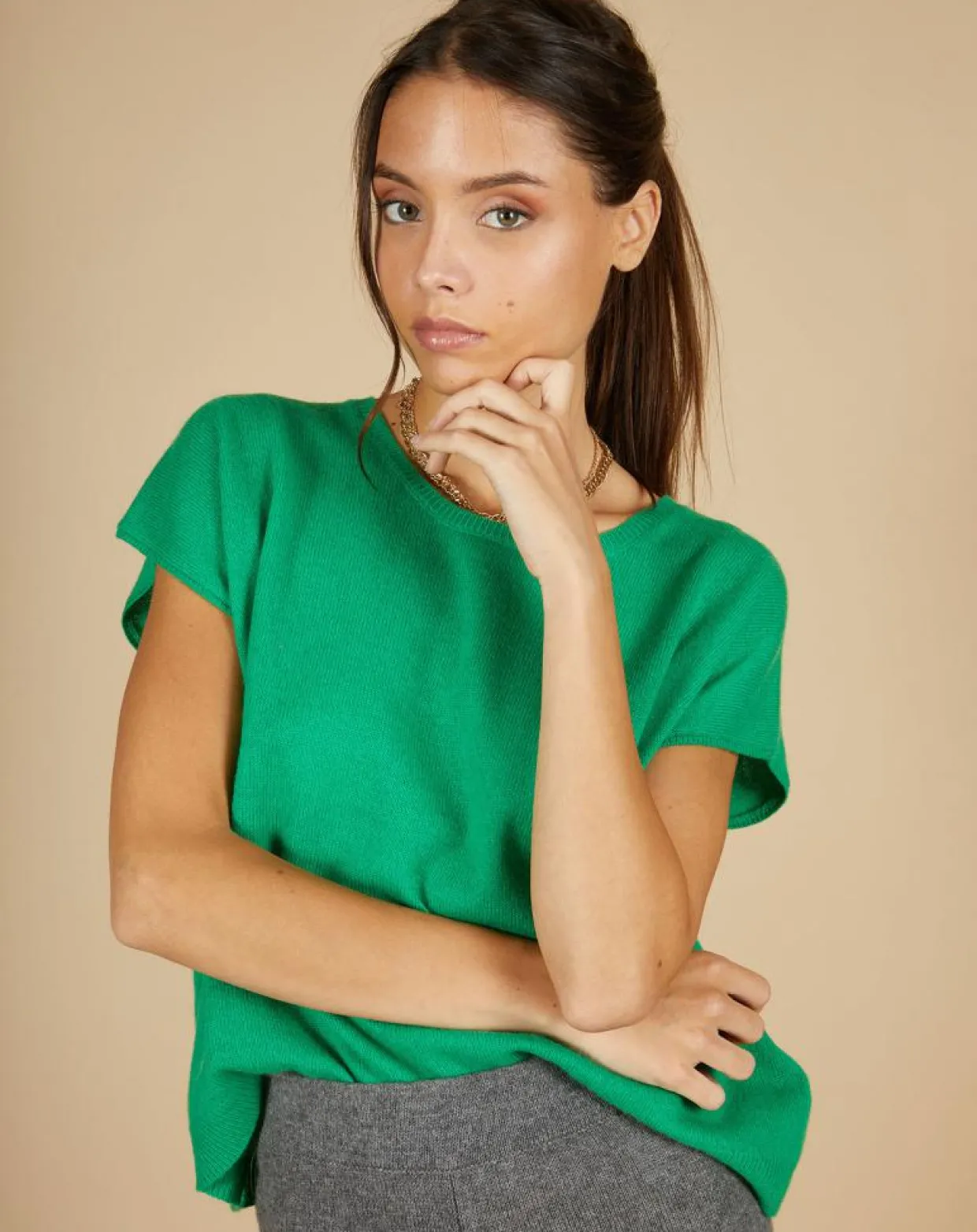 Pull 100% Cachemire Laurène manches courtes émeraude-Cashmere Tribu Hot