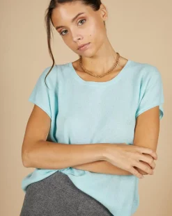 Pull 100% Cachemire Laurène manches courtes bleu océan-Cashmere Tribu Hot
