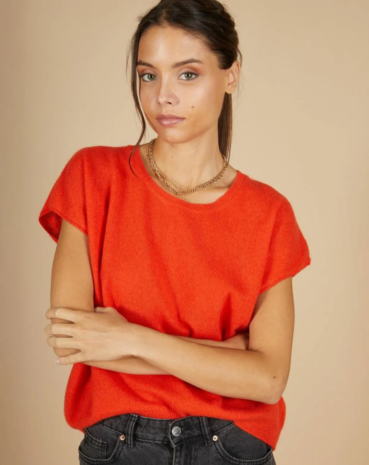 Pull 100% Cachemire Laurène manches courtes orange-Cashmere Tribu New