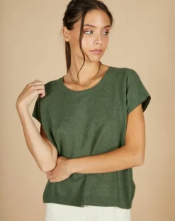 Pull 100% Cachemire Laurène manches courtes kaki-Cashmere Tribu Online
