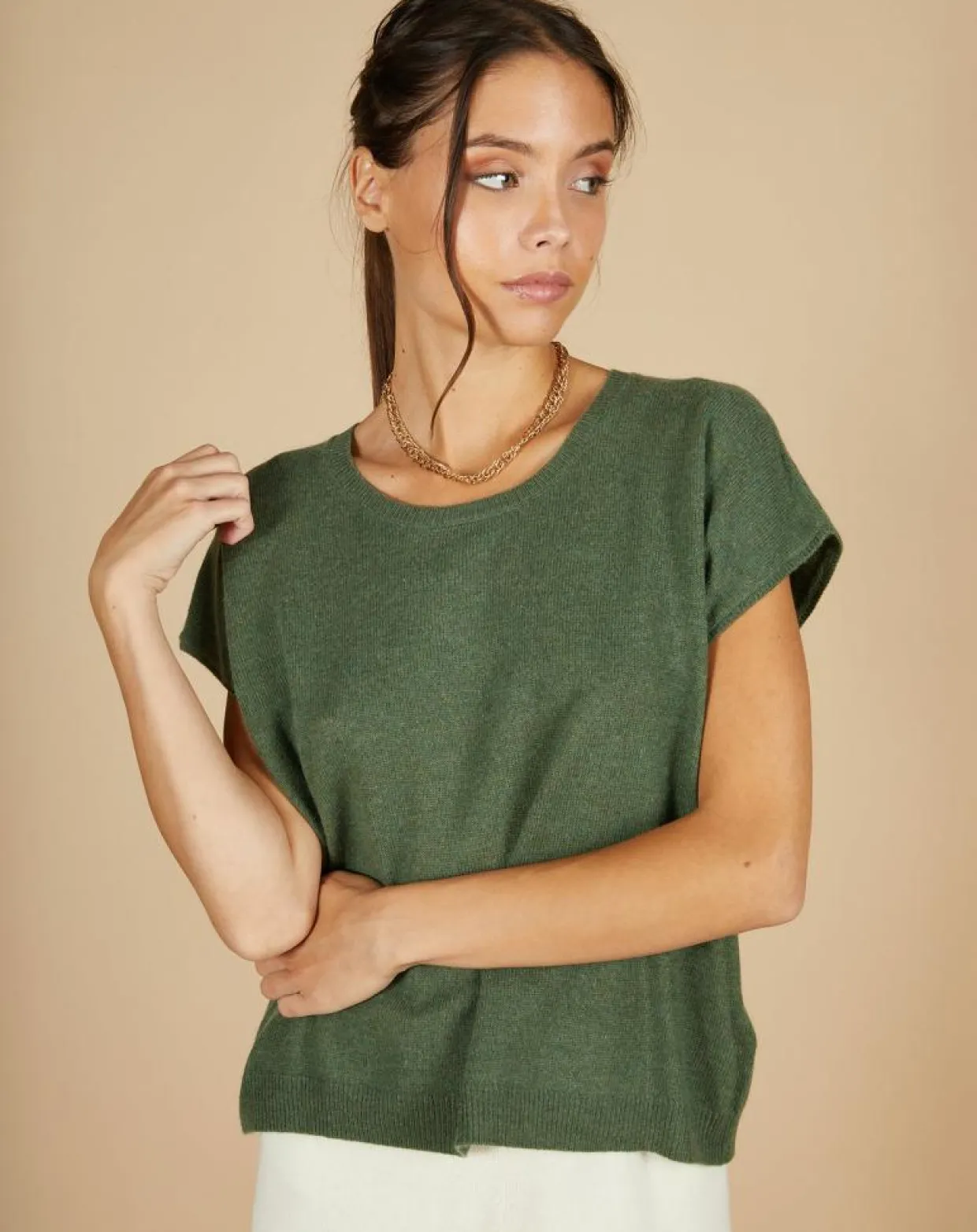 Pull 100% Cachemire Laurène manches courtes kaki-Cashmere Tribu Online