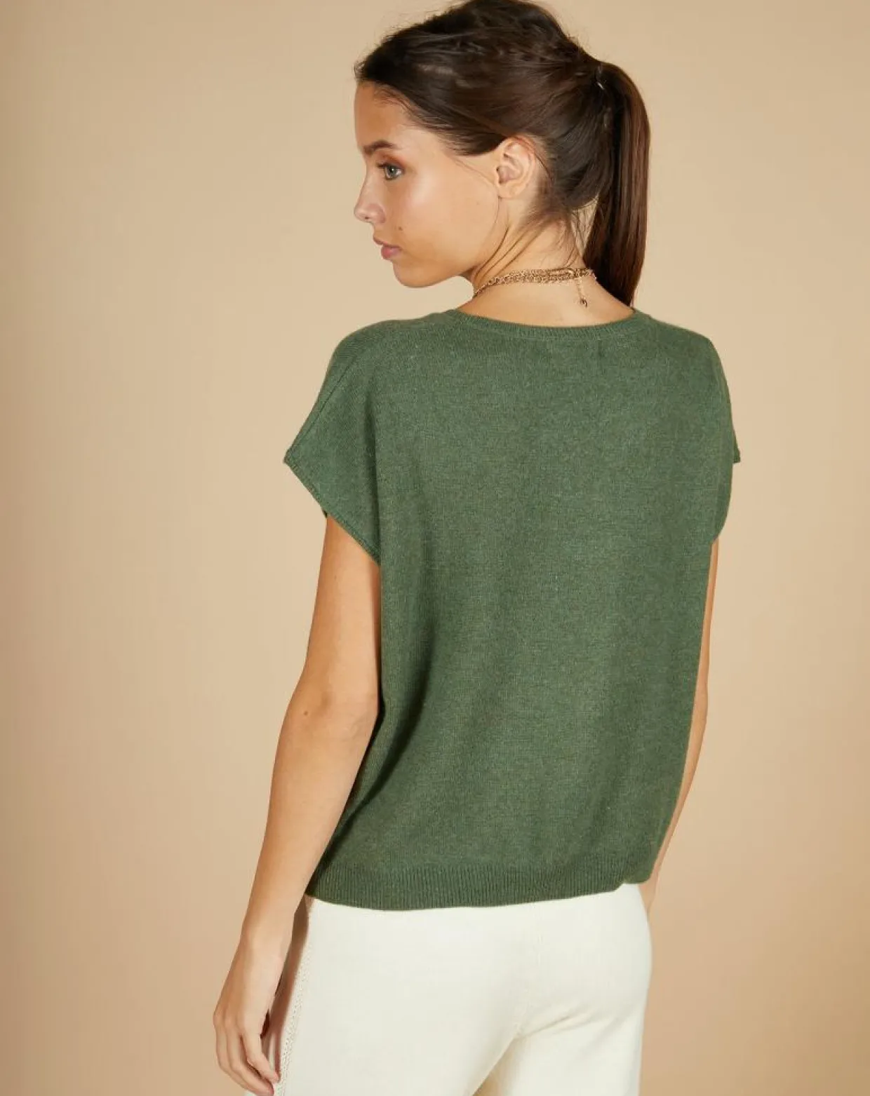 Pull 100% Cachemire Laurène manches courtes kaki-Cashmere Tribu Online