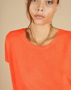 Pull 100% Cachemire Laurène manches courtes corail fluo-Cashmere Tribu Clearance