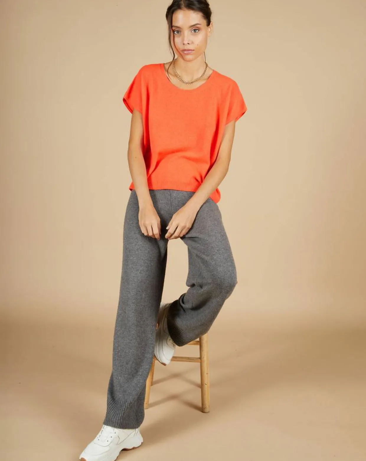 Pull 100% Cachemire Laurène manches courtes corail fluo-Cashmere Tribu Clearance