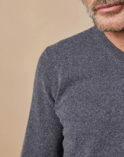 Homme Oscar et Louise Pulls^Pull 100% Cachemire Lucien col V gris foncé