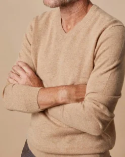 Homme Oscar et Louise Pulls^Pull 100% Cachemire Lucien col V beige