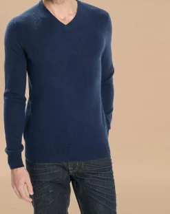 Homme Oscar et Louise Pulls^Pull 100% Cachemire Lucien col V bleu marine