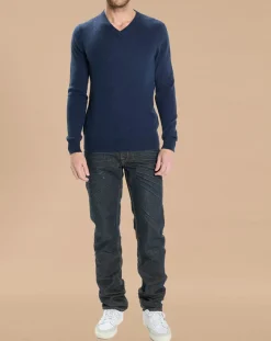 Homme Oscar et Louise Pulls^Pull 100% Cachemire Lucien col V bleu marine