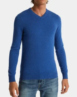 Pull 100% Cachemire Machve col V bleu-Galeries Lafayette Discount