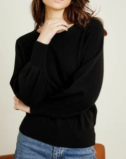 Pull 100% Cachemire Manches Ballon Angelina Col rond noir-Miss Cashmere