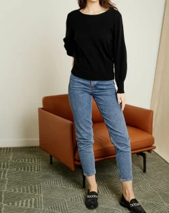Pull 100% Cachemire Manches Ballon Angelina Col rond noir-Miss Cashmere