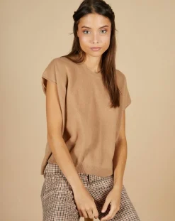 Femme Cashmere Tribu Pulls^Pull 100% Cachemire manches courtes Charline boutons au dos camel