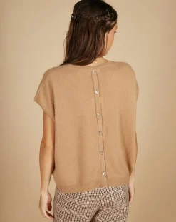 Femme Cashmere Tribu Pulls^Pull 100% Cachemire manches courtes Charline boutons au dos camel