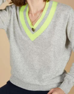 Pull 100% Cachemire Marley col V à bandes gris chiné clair/jaune fluo-Cashmere Tribu Clearance