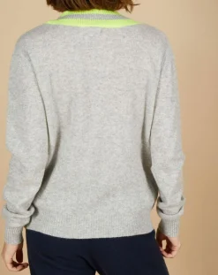 Pull 100% Cachemire Marley col V à bandes gris chiné clair/jaune fluo-Cashmere Tribu Clearance