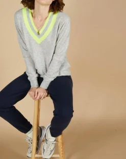 Pull 100% Cachemire Marley col V à bandes gris chiné clair/jaune fluo-Cashmere Tribu Clearance