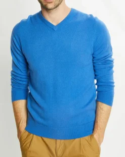Pull 100% Cachemire Nachve col V bleu-Galeries Lafayette Discount
