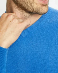 Pull 100% Cachemire Nachve col V bleu-Galeries Lafayette Discount