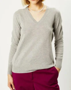 Pull 100% Cachemire Nocon col V gris clair-Galeries Lafayette New