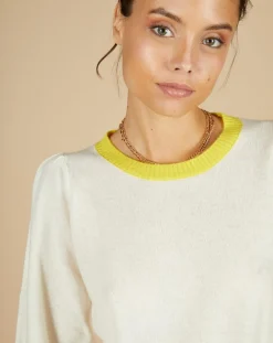 Femme Cashmere Tribu Pulls^Pull 100% Cachemire Romane col rond écru/liseré citron