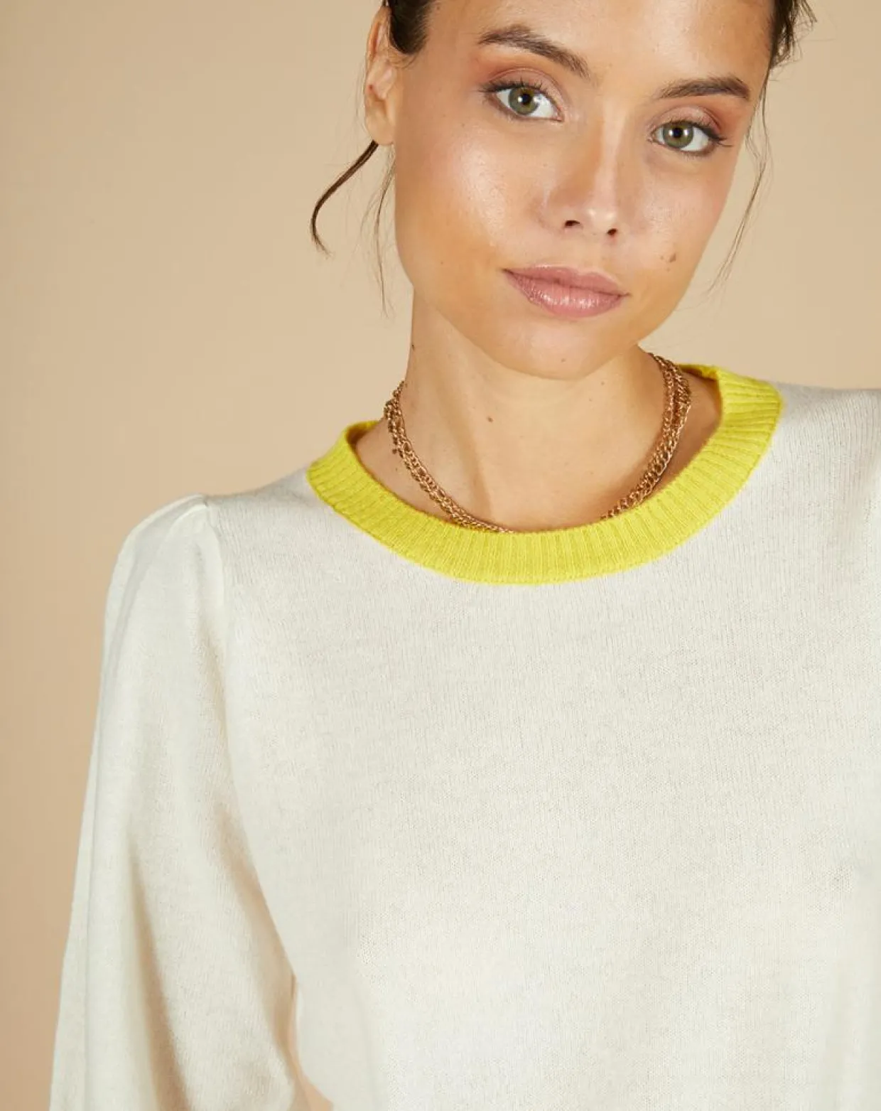 Femme Cashmere Tribu Pulls^Pull 100% Cachemire Romane col rond écru/liseré citron
