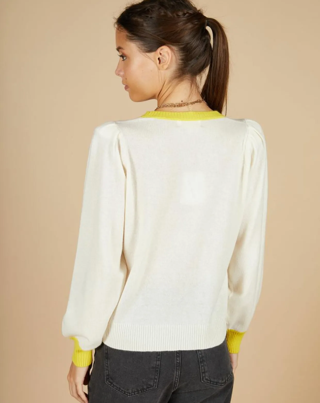 Femme Cashmere Tribu Pulls^Pull 100% Cachemire Romane col rond écru/liseré citron