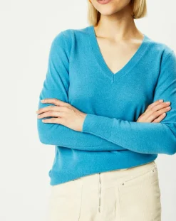 Pull 100% Cachemire Yocon col V bleu moyen-Galeries Lafayette Best