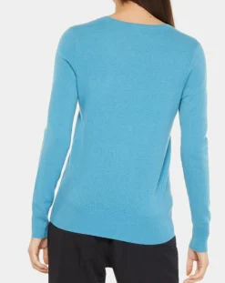 Pull 100% Cachemire Yocon col V bleu moyen-Galeries Lafayette Best