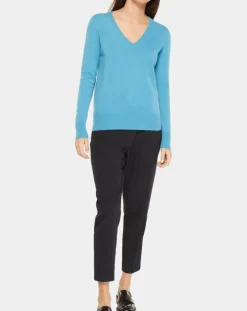 Pull 100% Cachemire Yocon col V bleu moyen-Galeries Lafayette Best