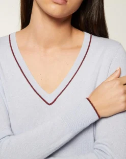 Pull 100% Cachemire Yocond col V bleu clair-Galeries Lafayette New