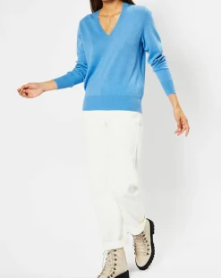 Pull 100% Cachemire Zocon col V bleu-Galeries Lafayette Best