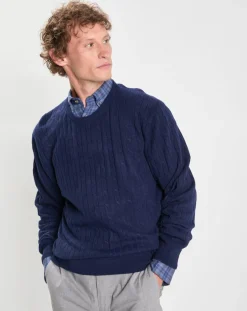 Pull 100% Laine d'agneau col rond Cable Fin bleu-Hackett London Hot