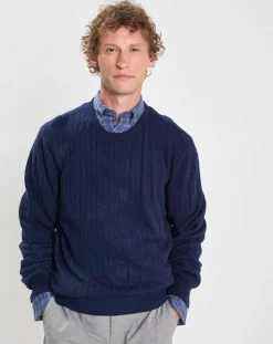 Pull 100% Laine d'agneau col rond Cable Fin bleu-Hackett London Hot
