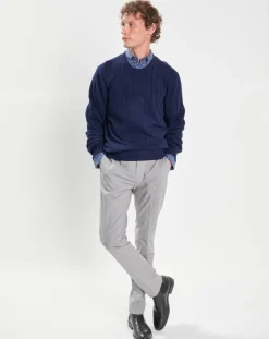 Pull 100% Laine d'agneau col rond Cable Fin bleu-Hackett London Hot