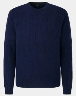Pull 100% Laine d'agneau col rond Cable Fin bleu-Hackett London Hot