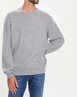 Pull 100% Laine d'agneau col rond Cable gris clair-Hackett London New