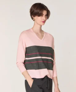 Pull Adélie 100% Laine col V rayures rose perle-Rodier Clearance