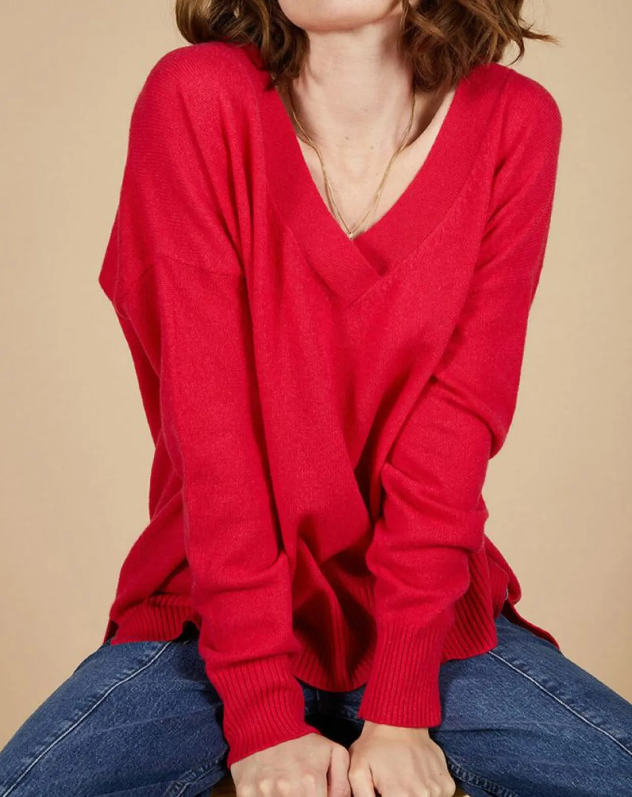 Pull ample 100% Cachemire Isidore col V fuchsia-Cashmere Tribu Discount