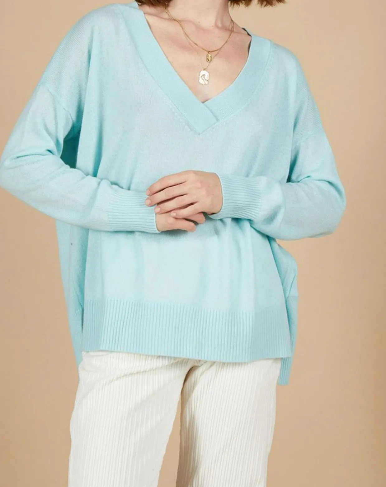 Femme Cashmere Tribu Pulls^Pull ample 100% Cachemire Isidore col V bleu océan