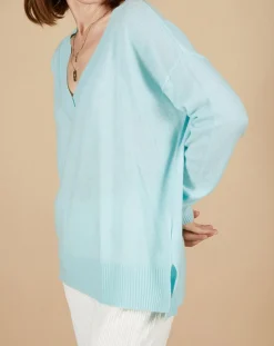 Femme Cashmere Tribu Pulls^Pull ample 100% Cachemire Isidore col V bleu océan