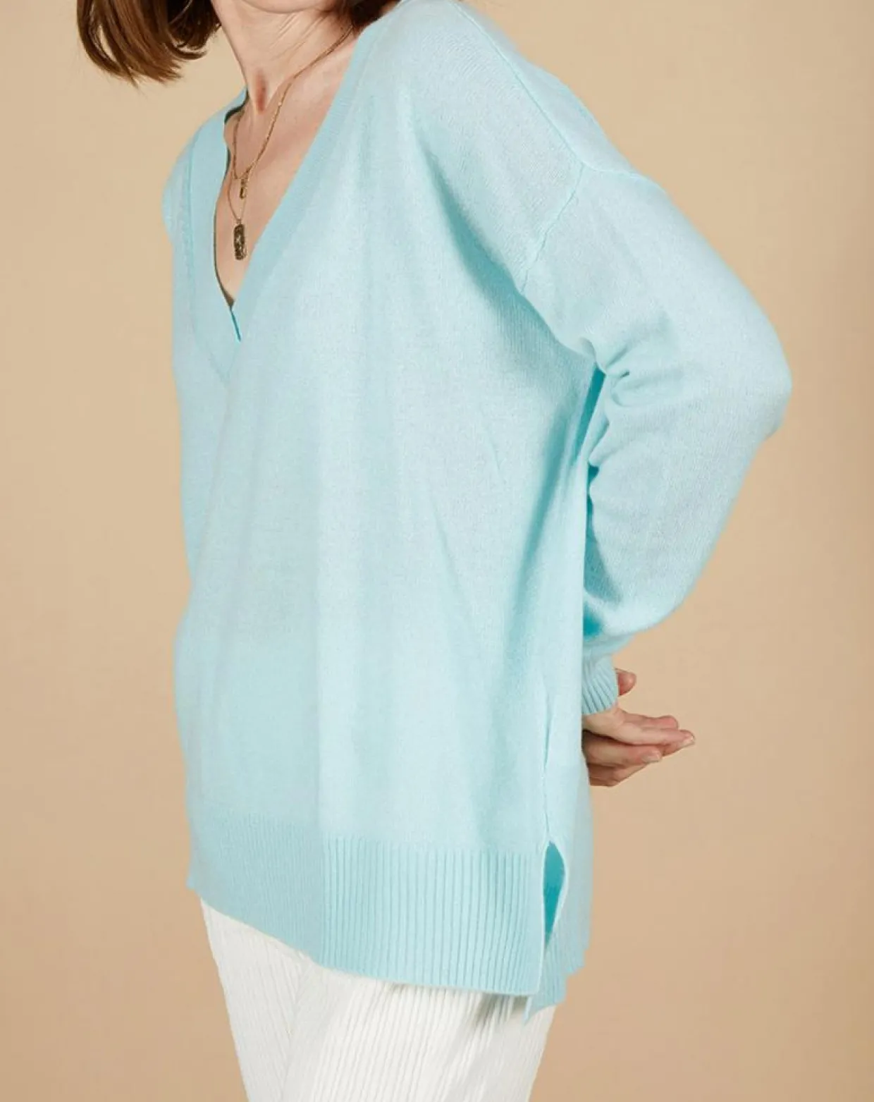 Femme Cashmere Tribu Pulls^Pull ample 100% Cachemire Isidore col V bleu océan