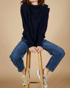Pull ample 100% Cachemire Sandy col montant à bouton bleu nuit-Cashmere Tribu Clearance