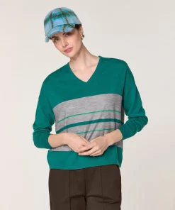 Femme Rodier Pulls^Pull Anne-Élodie 100% Laine col V rayures vert canard