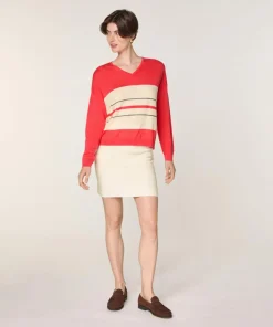 Pull Caecilia 100% Laine col V rayures orange corail-Rodier Best